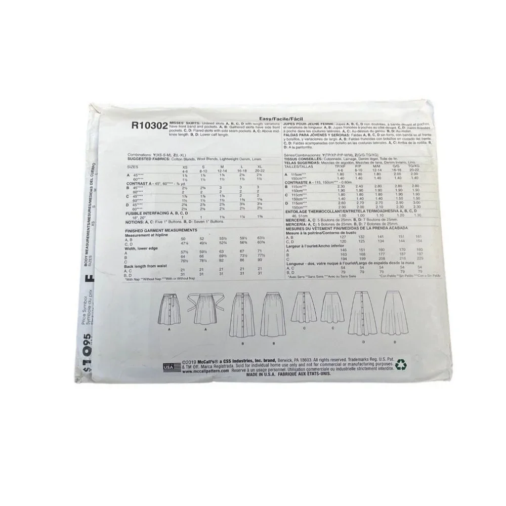 McCalls Sewing Pattern M7981 Unlined Skirts Misses Size‎ XS-M